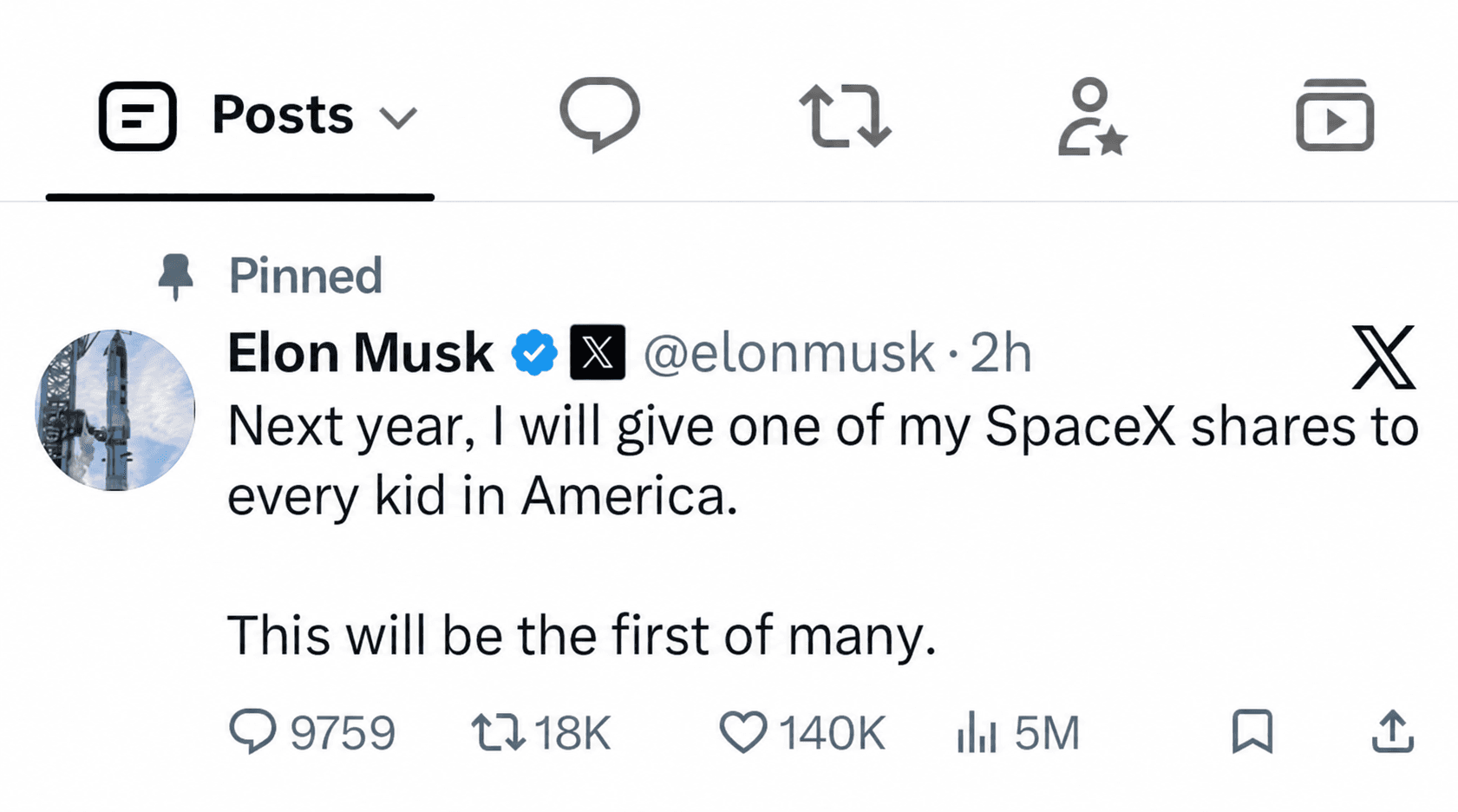 Musk Says He Will Give “One of My SpaceX Shares to Every Kid in America”: What the Post Says and What Is Still Unclear